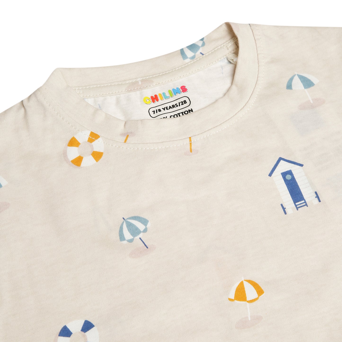 CHILINS Kids Pure Cotton Printed T-Shirt & Pyjama Set | Cream Comfort Nightwear Set