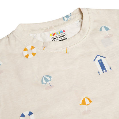 CHILINS Kids Pure Cotton Printed T-Shirt & Pyjama Set | Cream Comfort Nightwear Set