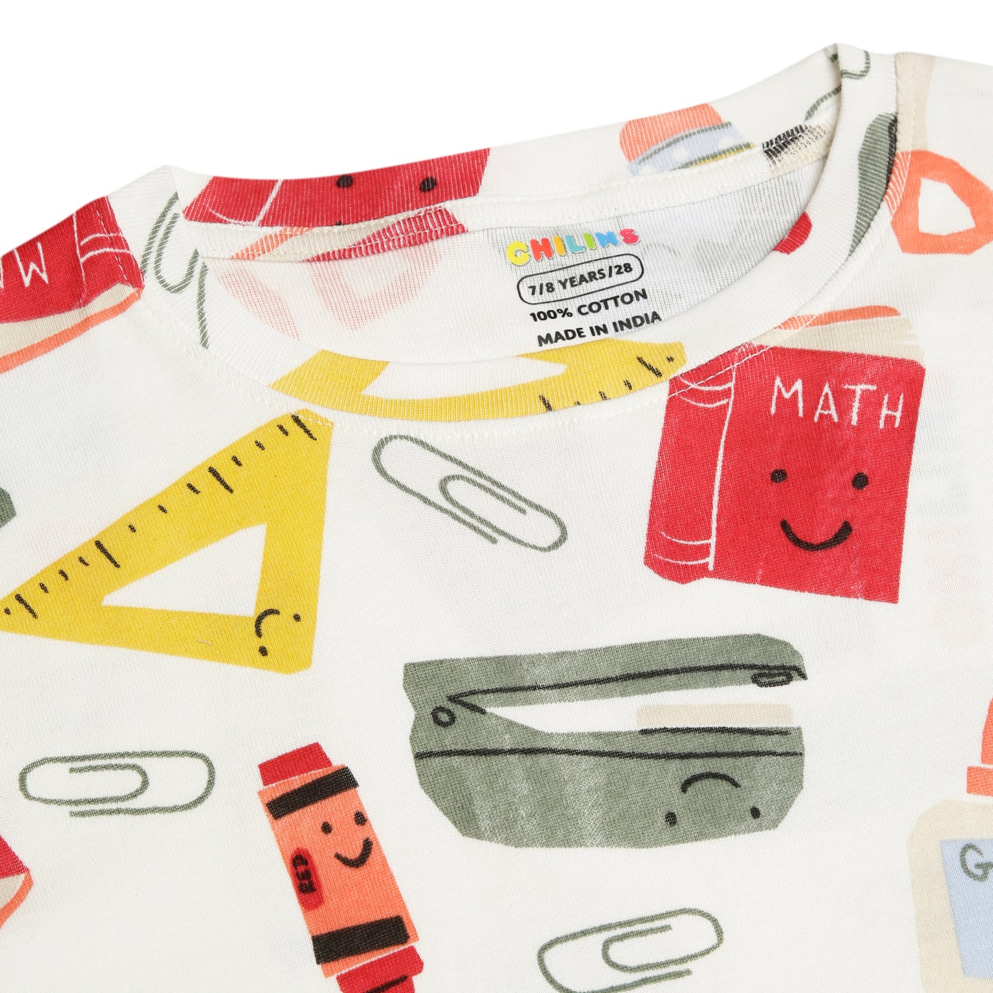 CHILINS Kids Pure Cotton Printed T-Shirt & Pyjama Set | School Theme Nightwear Set