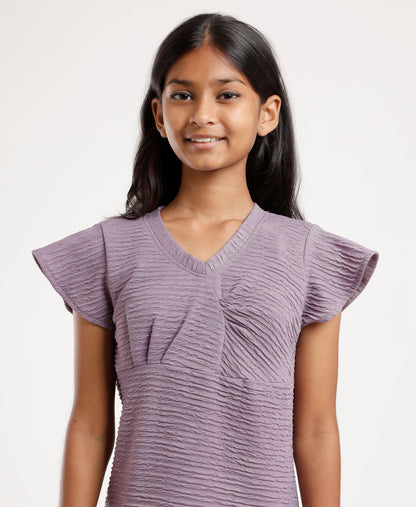 Girls’ Lavender Textured Flutter Sleeve Dress – Soft Comfortable V-Neck Casual & Party Wear Dress for Kids