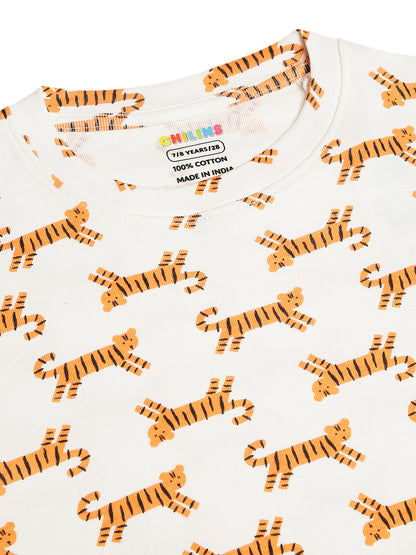 CHILINS Kids Pure Cotton Printed T-Shirt & Pyjama Set | Tiger Print Nightwear Set