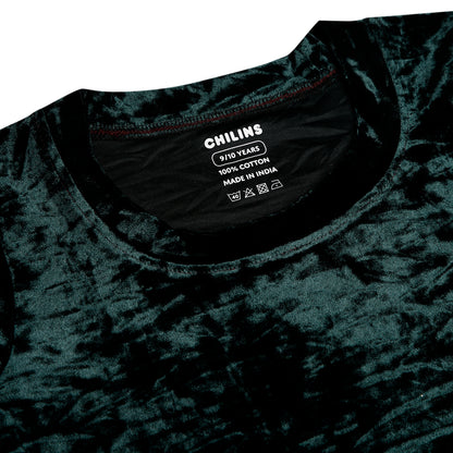 CHILINS Girls Velvet Top | Dark Green Short Sleeve Party Wear Top