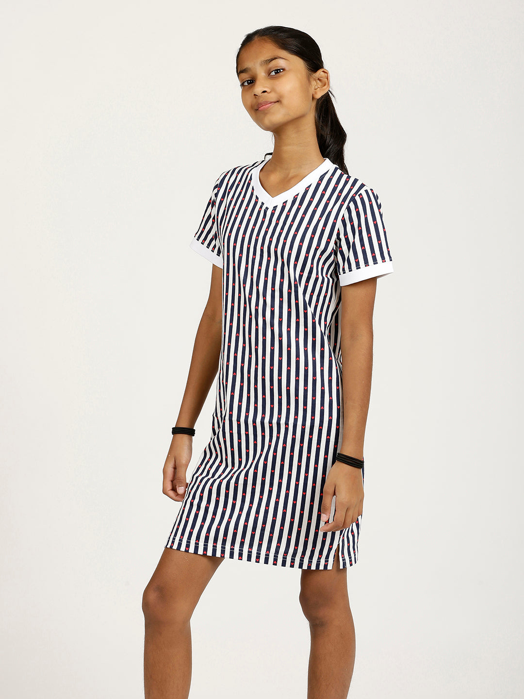 CHILINS Girls Pure Cotton Casual Dress – White & Blue Striped