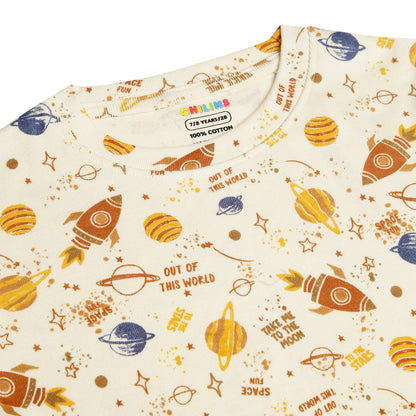 CHILINS Kids Pure Cotton Printed T-Shirt & Shorts Set | Space Theme Co-Ord Set