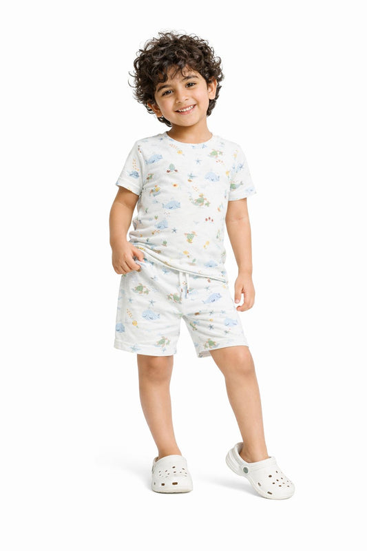 CHILINS Kids Pure Cotton Printed T-Shirt & Shorts Set | Ocean Life Print Co-Ord Set