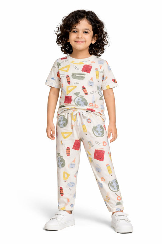CHILINS Kids Pure Cotton Printed T-Shirt & Pyjama Set | School Theme Nightwear Set