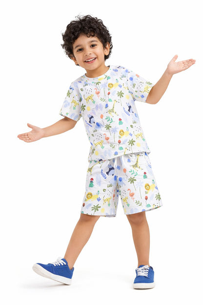 CHILINS Kids Pure Cotton Printed T-Shirt & Shorts Set | Jungle Animal Print Co-Ord Set