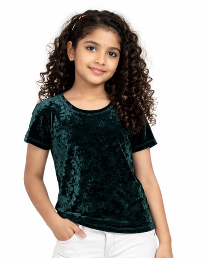 CHILINS Girls Velvet Top | Dark Green Short Sleeve Party Wear Top
