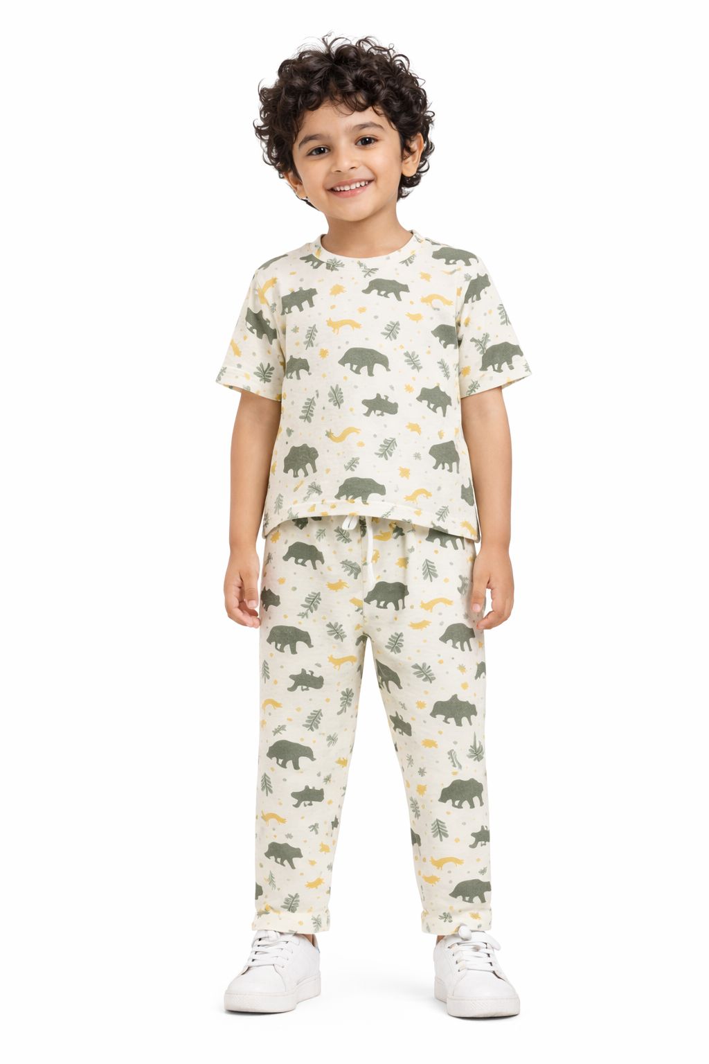 CHILINS Kids Pure Cotton Printed T-Shirt & Pyjama Set | Forest Animal Print Nightwear