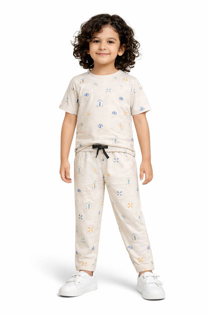CHILINS Kids Pure Cotton Printed T-Shirt & Pyjama Set | Cream Comfort Nightwear Set