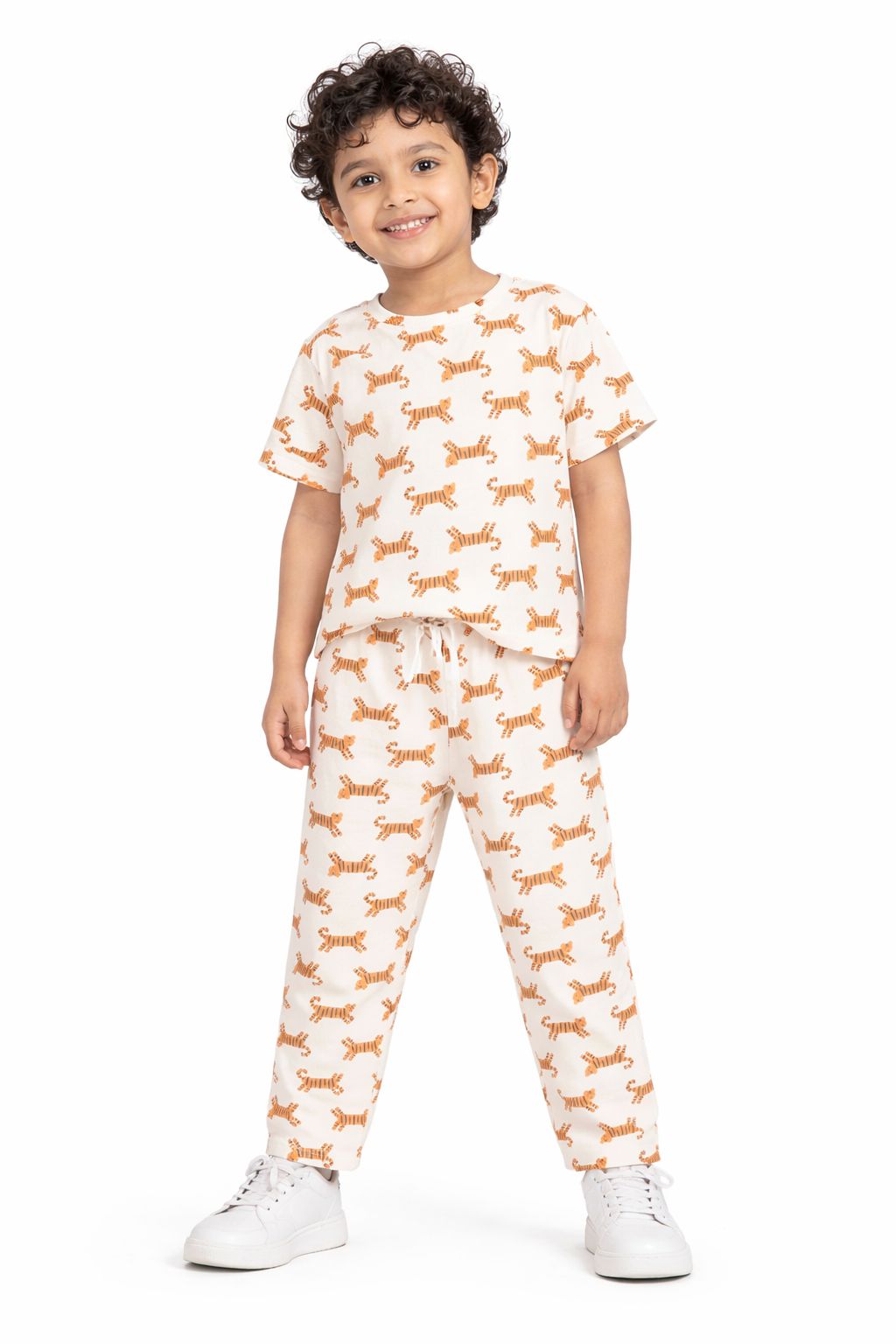 CHILINS Kids Pure Cotton Printed T-Shirt & Pyjama Set | Tiger Print Nightwear Set