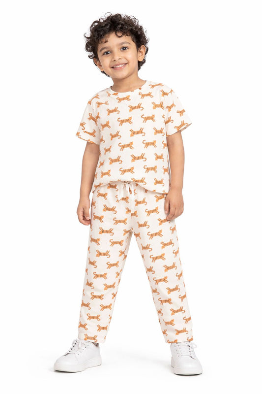 CHILINS Kids Pure Cotton Printed T-Shirt & Pyjama Set | Tiger Print Nightwear Set