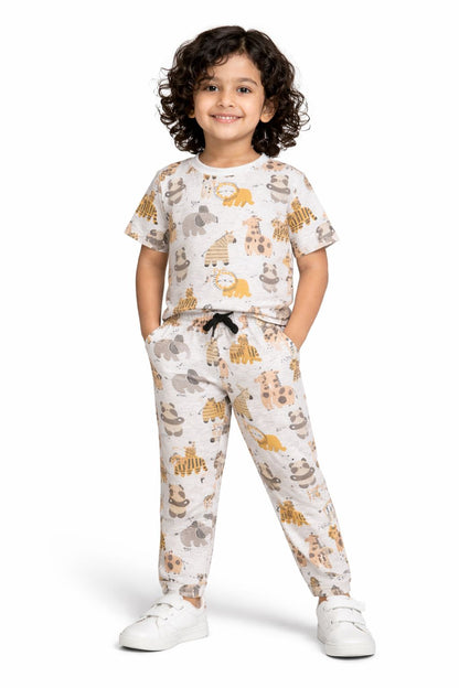 CHILINS Kids Pure Cotton Printed T-Shirt & Pyjama Set | Animal Print Nightwear Set
