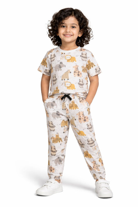 CHILINS Kids Pure Cotton Printed T-Shirt & Pyjama Set | Animal Print Nightwear Set