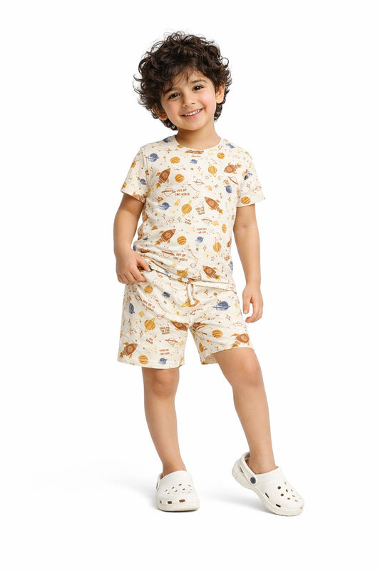 CHILINS Kids Pure Cotton Printed T-Shirt & Shorts Set | Space Theme Co-Ord Set