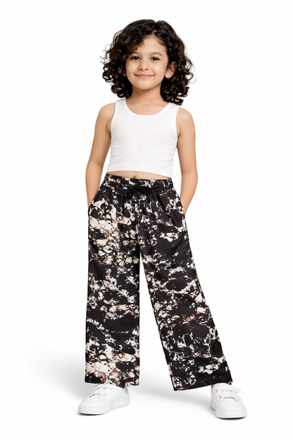 CHILINS Girls Printed Lycra Spun Palazzo | Black Abstract Print Wide Leg Pants