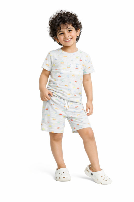 CHILINS Kids Pure Cotton Printed T-Shirt & Shorts Set | Car Print Co-Ord Set