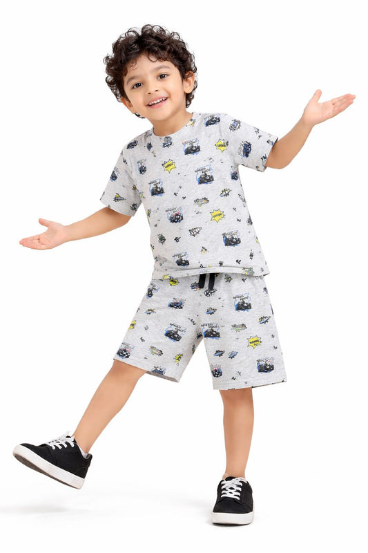 CHILINS Kids Pure Cotton Printed T-Shirt & Shorts Set | Racing Theme Co-Ord Set