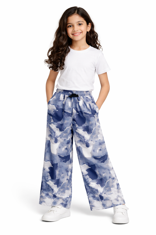 CHILINS Girls Printed Lycra Spun Palazzo | Blue Abstract Print Wide Leg Pants