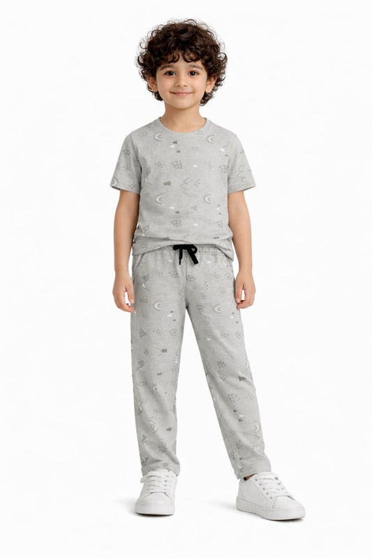 CHILINS Kids Pure Cotton T-Shirt & Pyjama Set | Grey Printed Nightwear Set