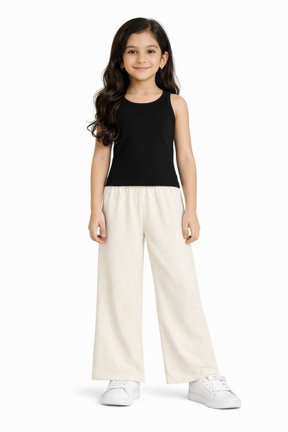 CHILINS Girls Cotton Pants | White Straight Fit Elastic Waist Pants