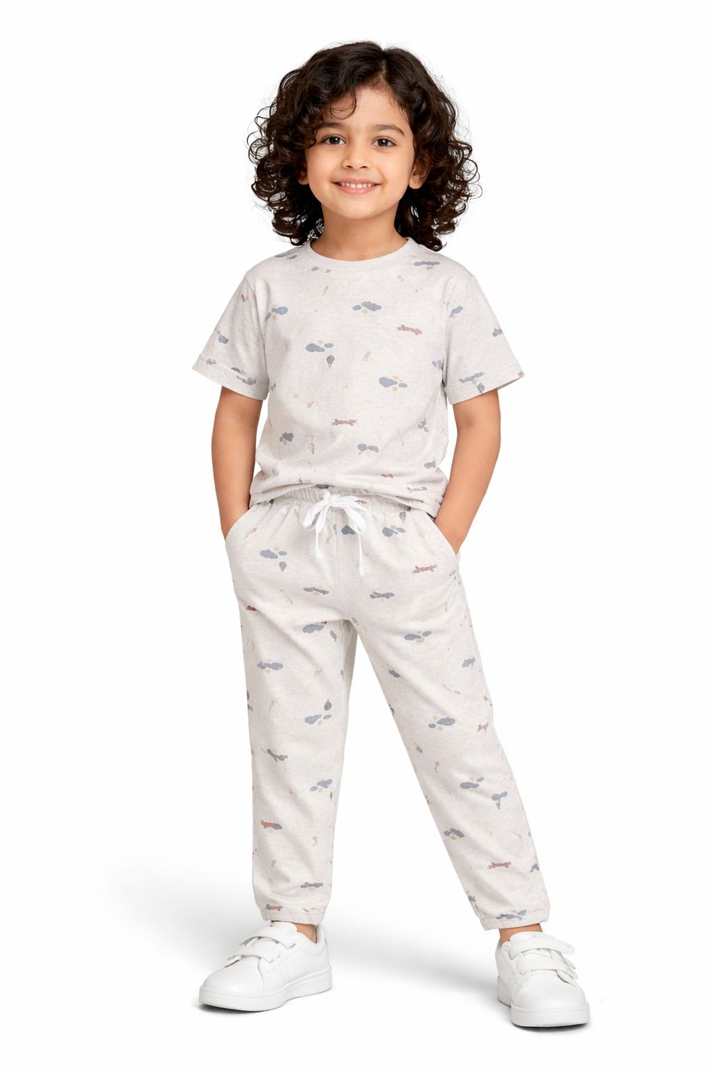 CHILINS Kids Pure Cotton Printed T-Shirt & Pyjama Set | Cream Comfort Nightwear