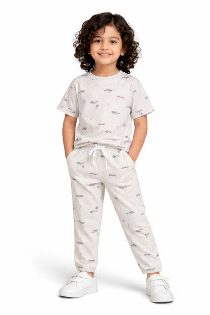CHILINS Kids Pure Cotton Printed T-Shirt & Pyjama Set | Cream Comfort Nightwear