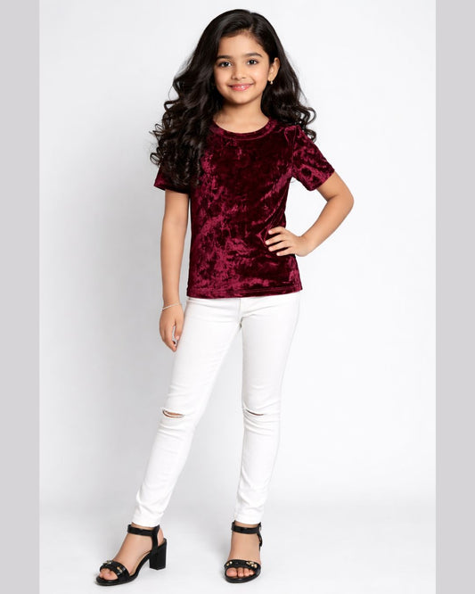 CHILINS Girls Velvet Top | Maroon Short Sleeve Party Wear Top