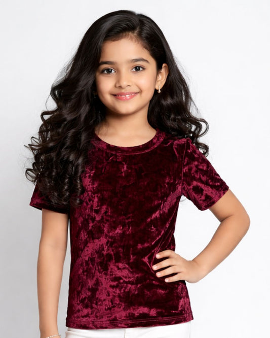 CHILINS Girls Velvet Top | Maroon Short Sleeve Party Wear Top