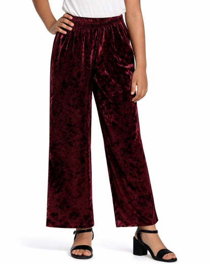 CHILINS Girls Velvet Pants | Maroon Straight Fit Party Wear Pants