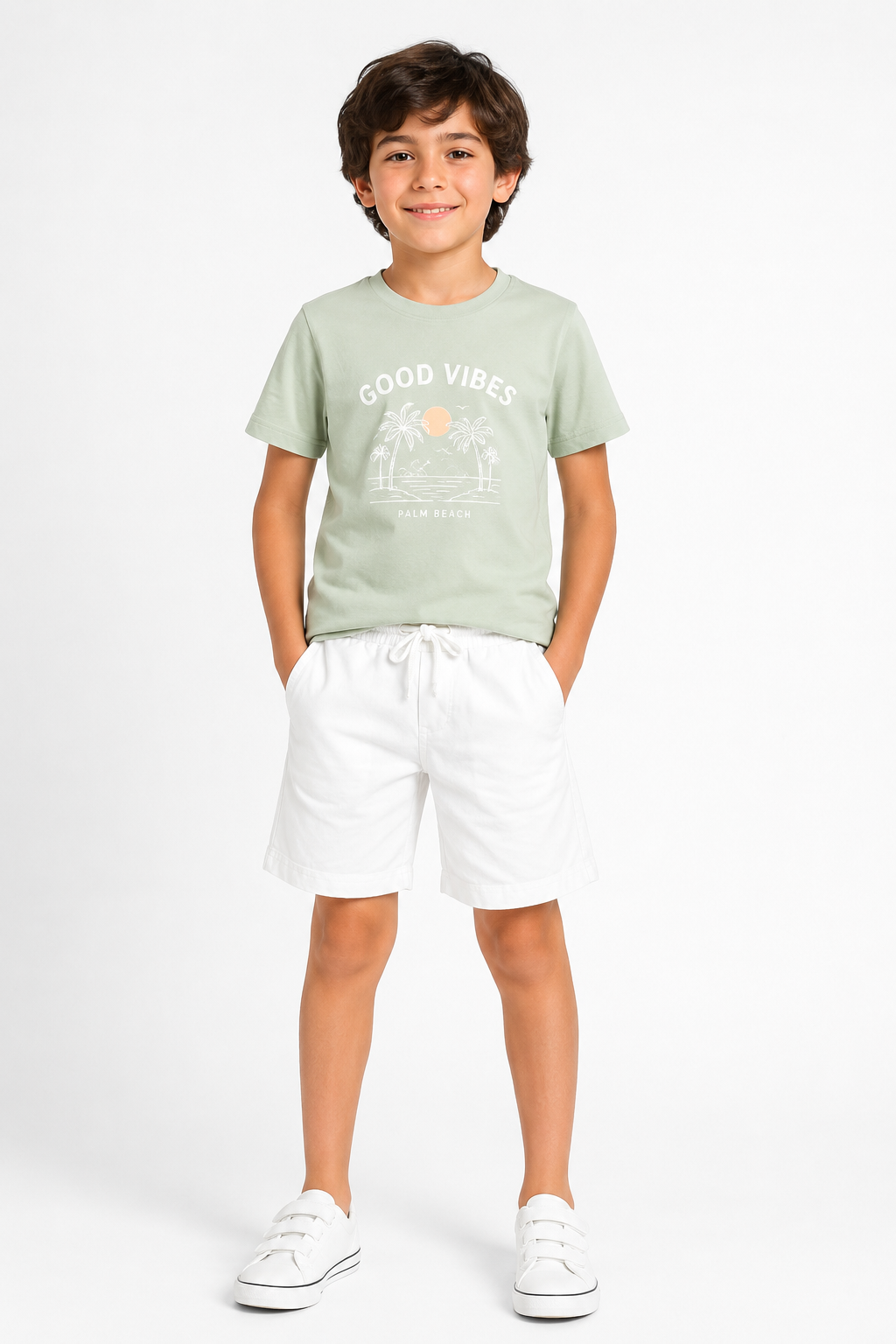 CHILINS Boys White Cotton Shorts | Elastic Waist Casual Shorts with Drawstring