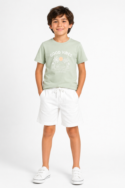 CHILINS Boys White Cotton Shorts | Elastic Waist Casual Shorts with Drawstring