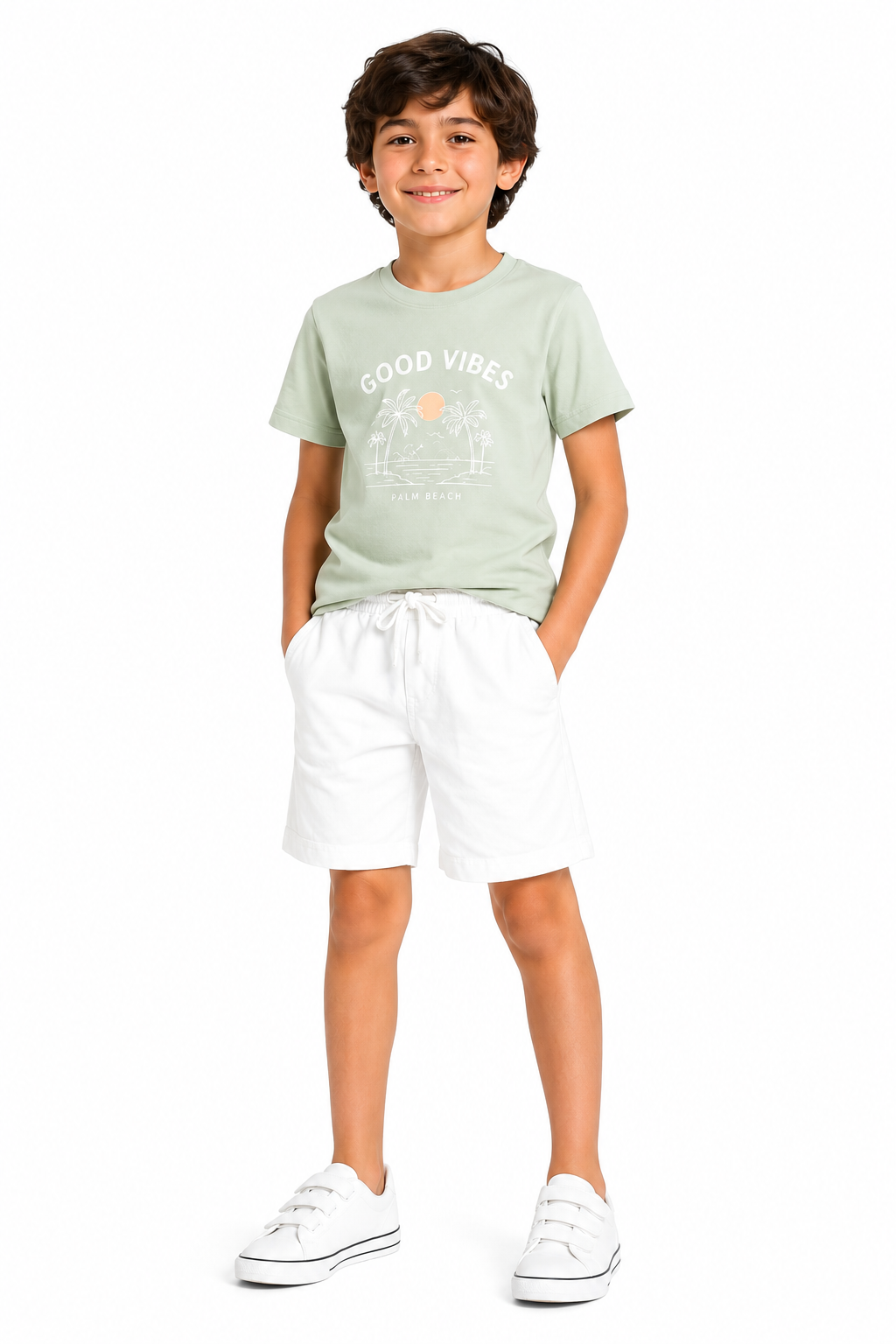 CHILINS Boys White Cotton Shorts | Elastic Waist Casual Shorts with Drawstring