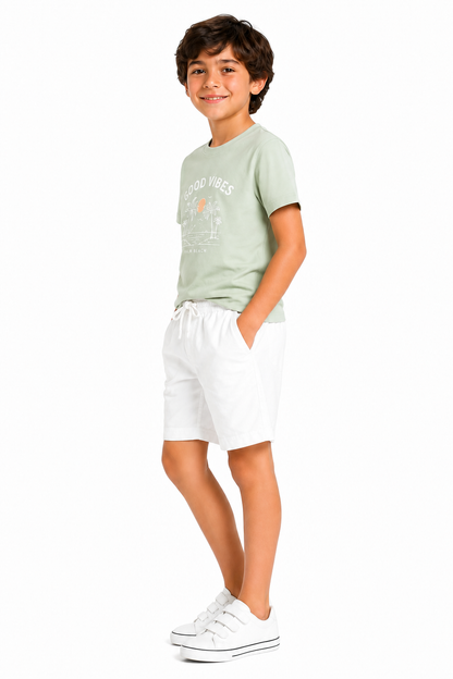 CHILINS Boys White Cotton Shorts | Elastic Waist Casual Shorts with Drawstring