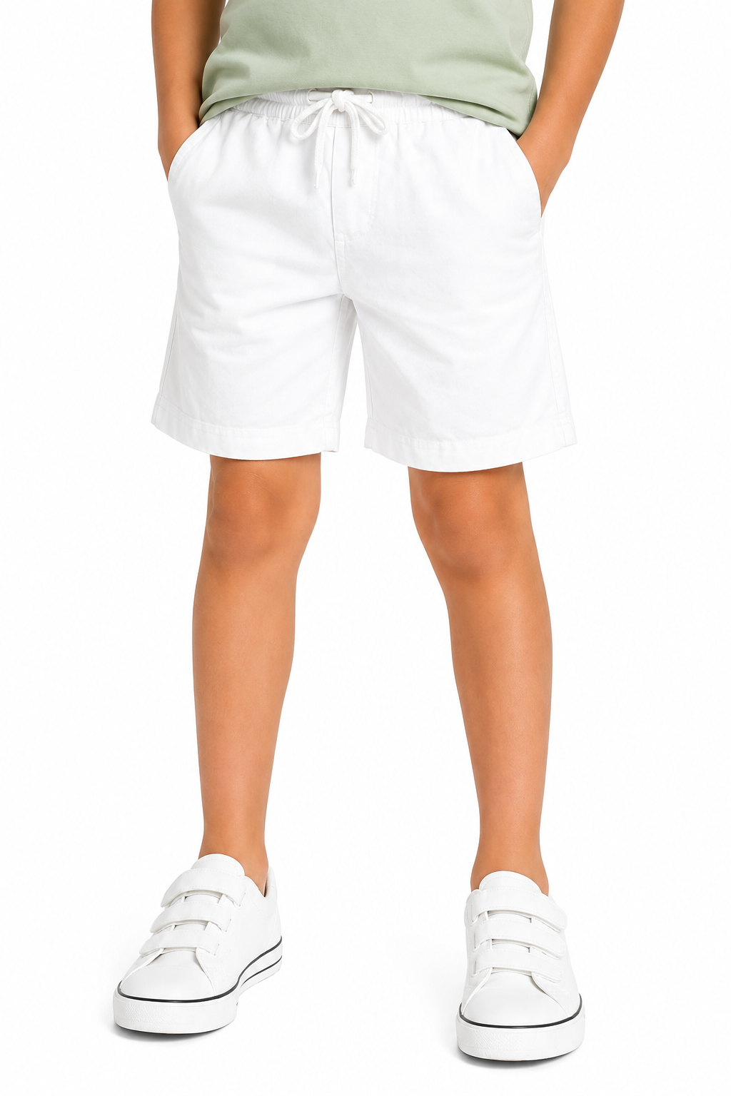 CHILINS Boys White Cotton Shorts | Elastic Waist Casual Shorts with Drawstring