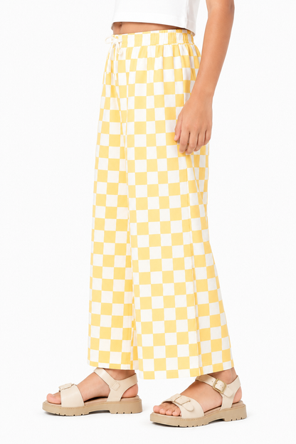 CHILINS Girls Yellow Checkered Palazzo Pants | Wide Leg Elastic Waist Casual Trousers