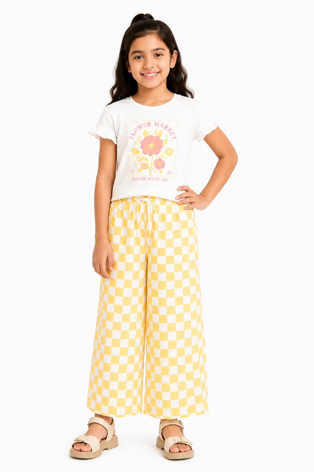 CHILINS Girls Yellow Checkered Palazzo Pants | Wide Leg Elastic Waist Casual Trousers