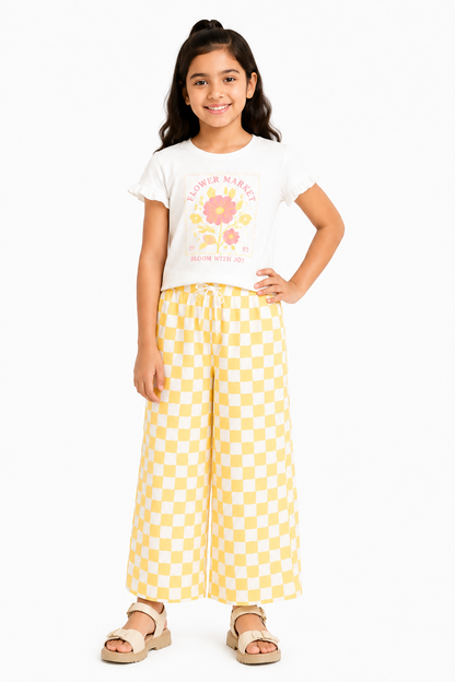 CHILINS Girls Yellow Checkered Palazzo Pants | Wide Leg Elastic Waist Casual Trousers