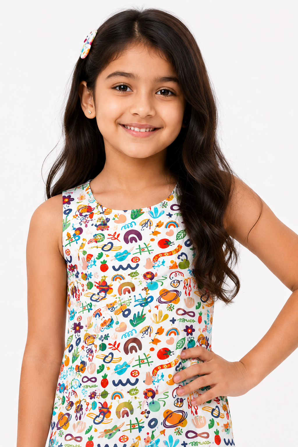 CHILINS Girls Printed Sleeveless Dress | Colorful A-Line Casual Dress