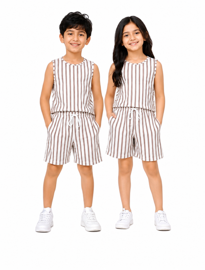 CHILINS Unisex Kids Beige Striped Sleeveless Top & Shorts Co-Ord Set