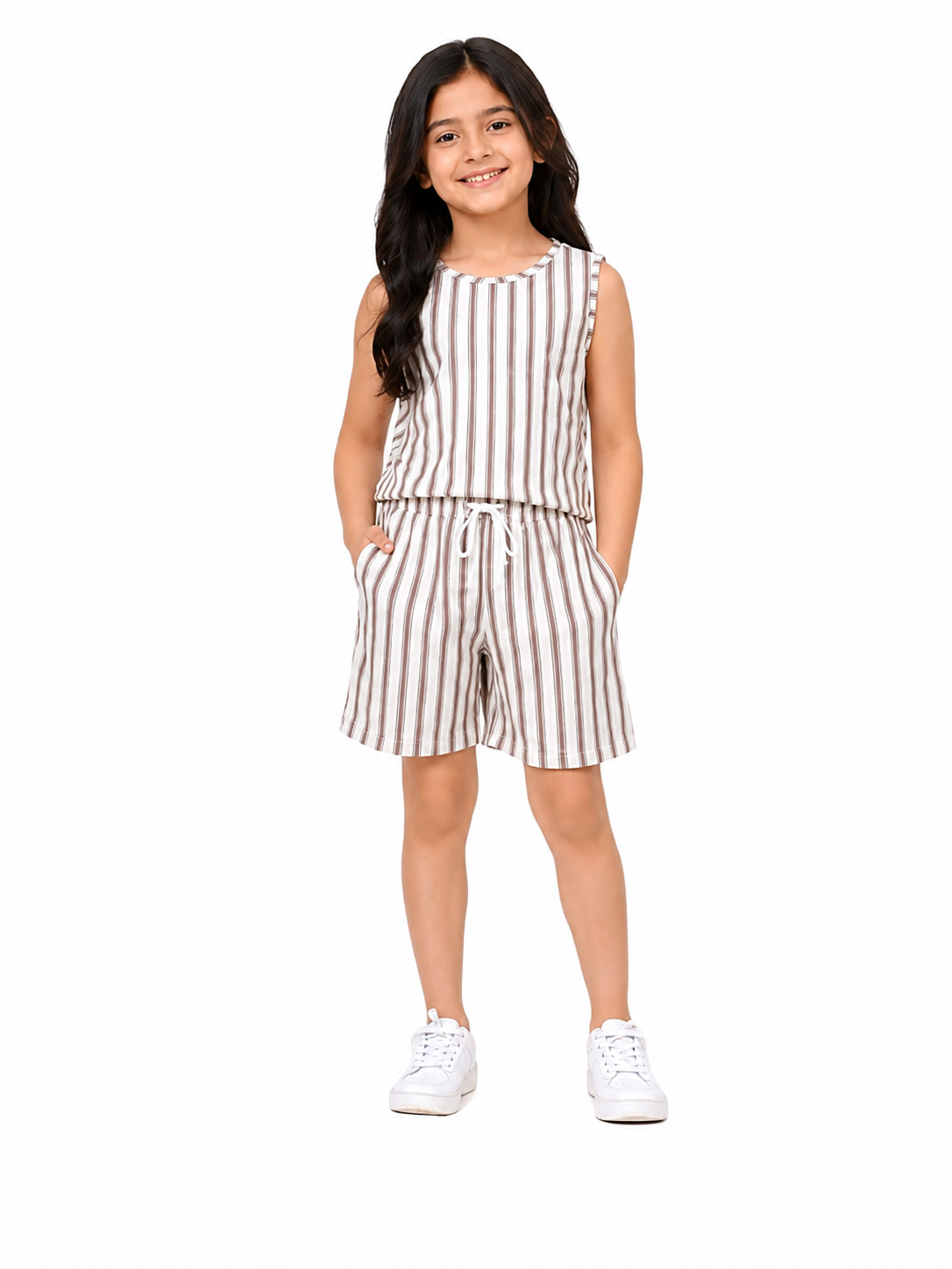 CHILINS Unisex Kids Beige Striped Sleeveless Top & Shorts Co-Ord Set