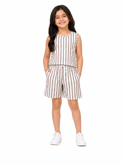 CHILINS Unisex Kids Beige Striped Sleeveless Top & Shorts Co-Ord Set
