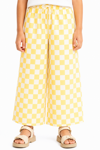 CHILINS Girls Yellow Checkered Palazzo Pants | Wide Leg Elastic Waist Casual Trousers