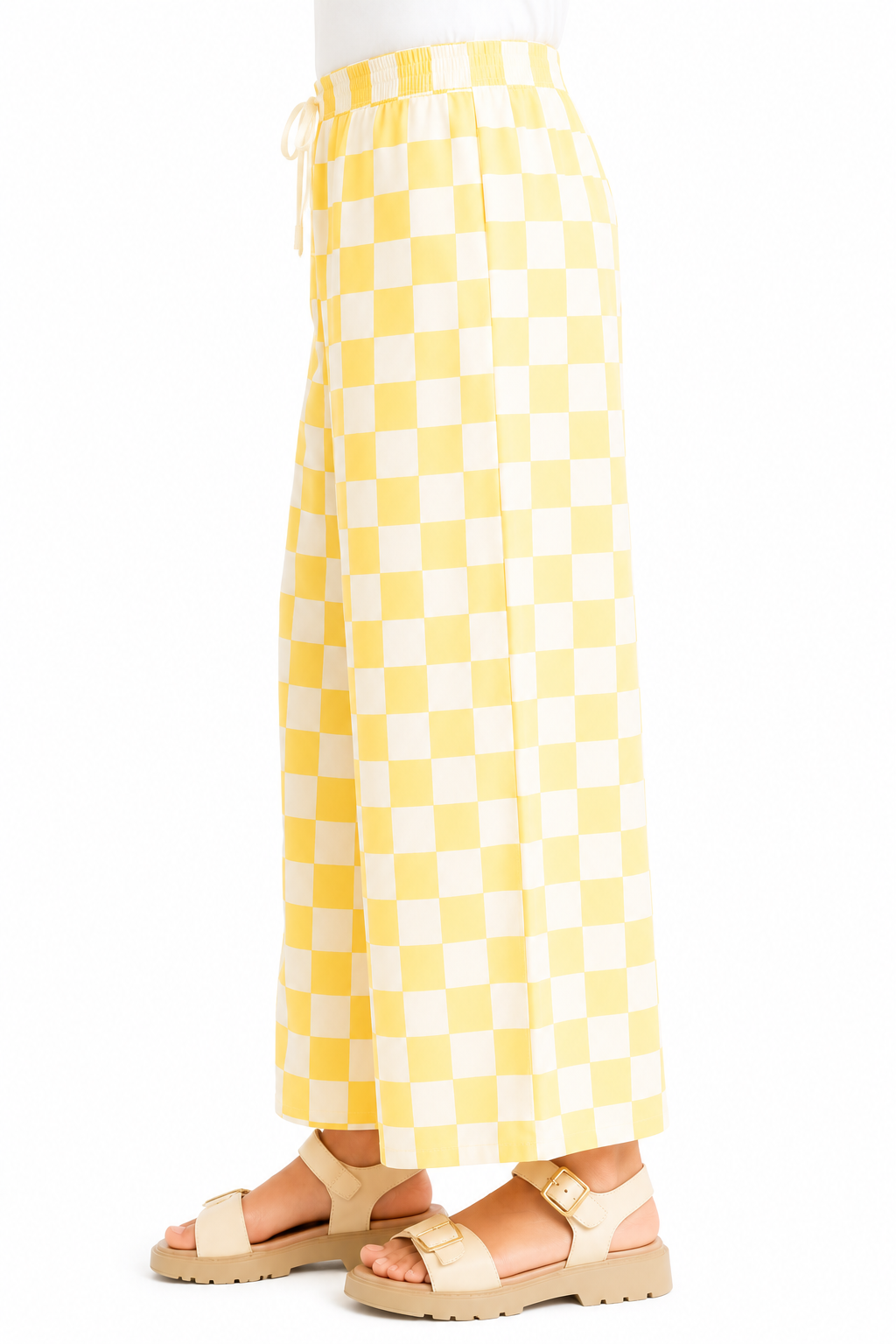 CHILINS Girls Yellow Checkered Palazzo Pants | Wide Leg Elastic Waist Casual Trousers