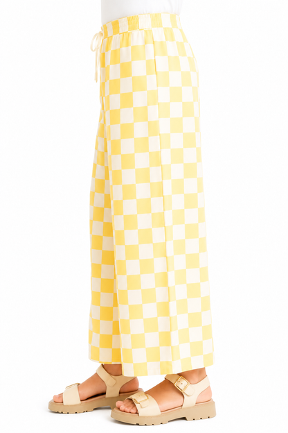 CHILINS Girls Yellow Checkered Palazzo Pants | Wide Leg Elastic Waist Casual Trousers