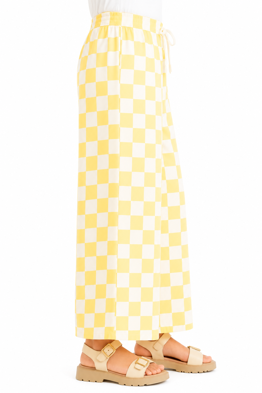 CHILINS Girls Yellow Checkered Palazzo Pants | Wide Leg Elastic Waist Casual Trousers