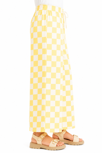 CHILINS Girls Yellow Checkered Palazzo Pants | Wide Leg Elastic Waist Casual Trousers