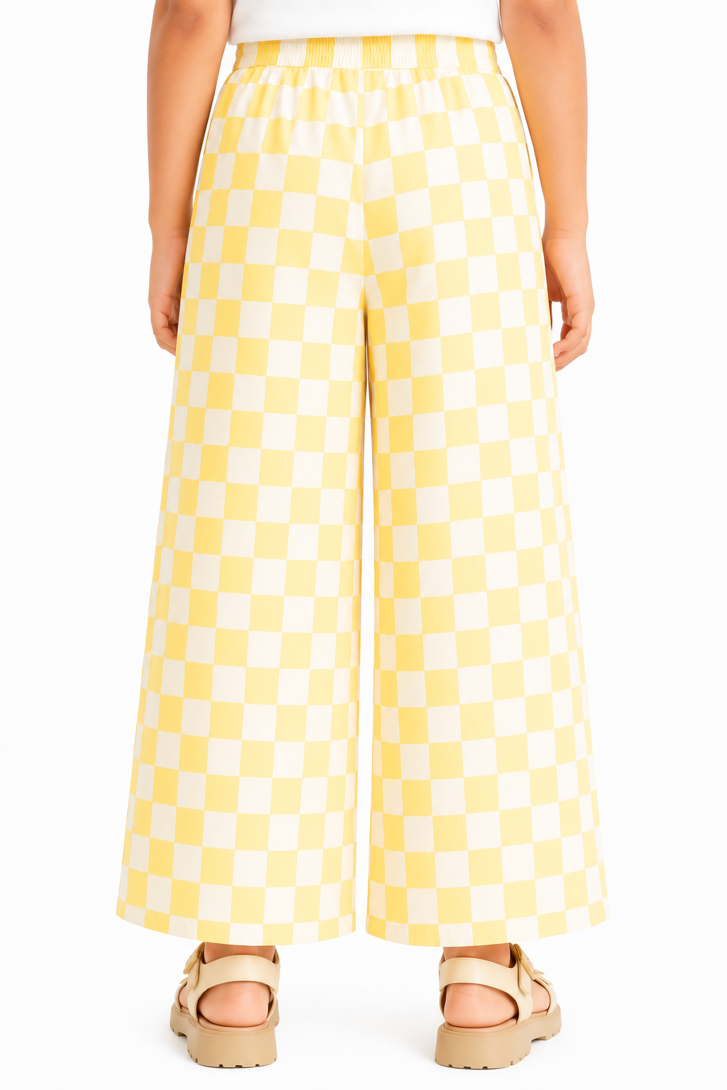 CHILINS Girls Yellow Checkered Palazzo Pants | Wide Leg Elastic Waist Casual Trousers