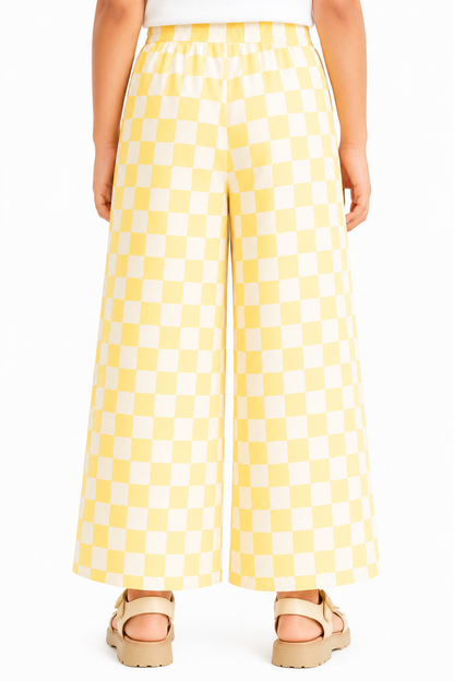 CHILINS Girls Yellow Checkered Palazzo Pants | Wide Leg Elastic Waist Casual Trousers