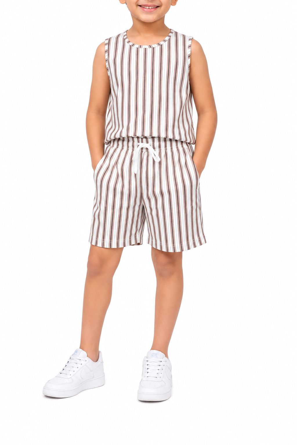 CHILINS Unisex Kids Beige Striped Sleeveless Top & Shorts Co-Ord Set